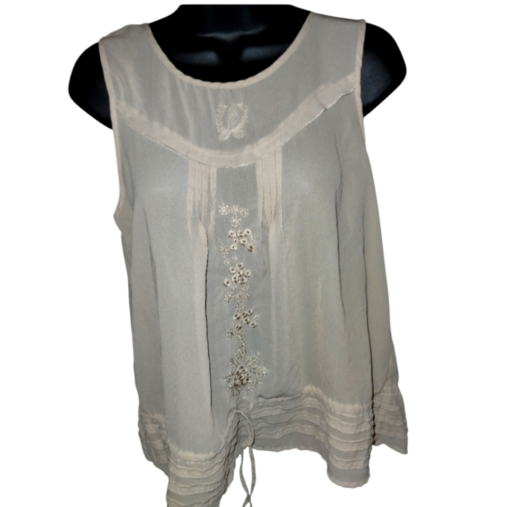 Ninety Romantic Sheer taupe, cream embroidered blouse, sleeveless, size small
